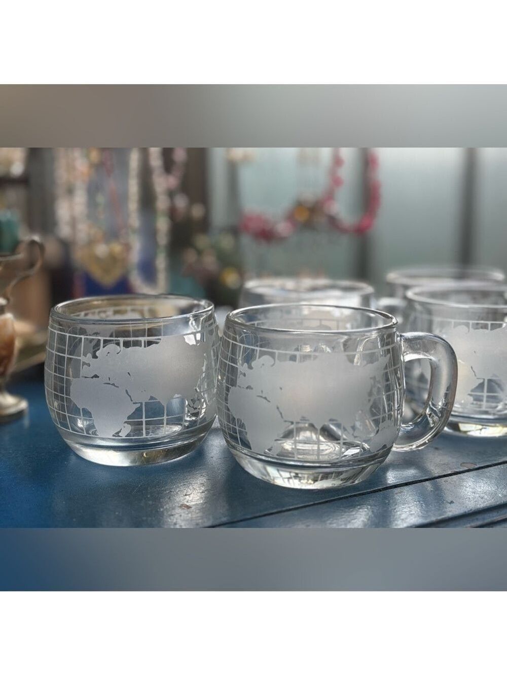 Vintage Nescafé Thick Etched Glass World Map Set of 5 Globe Mugs | 1970s Retro 🌎 - Picture 9 of 14